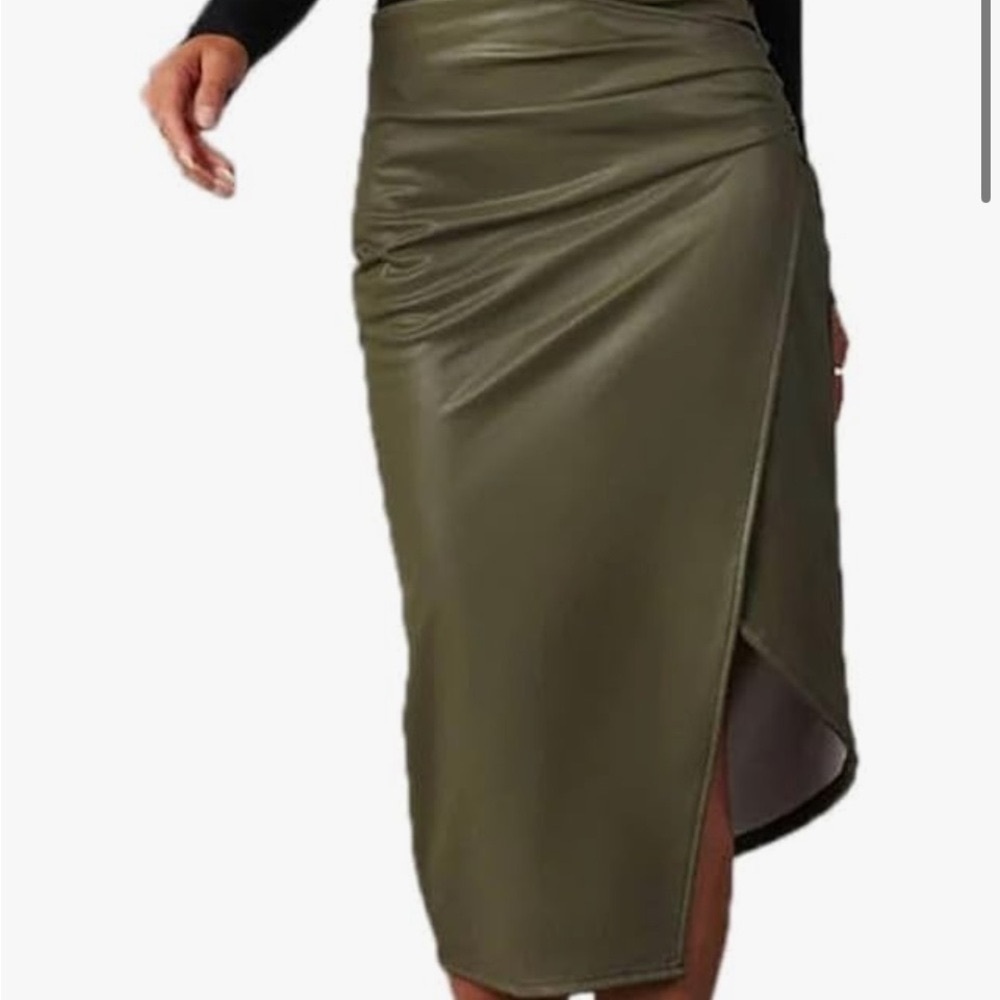 Green Asymmetrical Ruched Wrap Midi Skirt